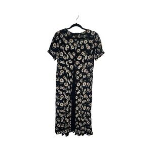 Brett Alixander Vintage 90s Daisy Polka Dot Rayon Midi Dress Black Floral 9/10